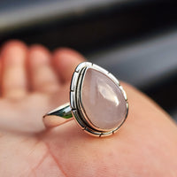 (R) Solid 925 Sterling Silver & Natural Rose Quartz Pear Ring