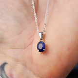925 Sterling Silver & Natural Sapphire Handmade Clawed Oval Pendant Necklace