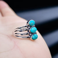 Solid 925 Oxidized Sterling Silver & Natural Turquoise 3 Setting Cage Ring