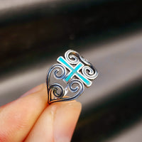 Solid 925 Sterling Silver & Natural Turquoise Cross Koru Heart Ring