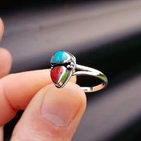 Solid 925 Sterling Silver & Natural Turquoise With Red Coral Double Stone Ring
