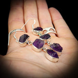 Rustic Sterling Silver & Natural Raw Amethyst Handmade 3x Setting Hanging Earrings