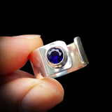 Solid 925 Sterling Silver & Blue Sapphire Handmade Wide Band Ring