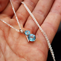 Solid 925 Sterling Silver & Sky Blue Topaz Double Stone Pendant Necklace