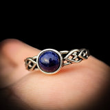 (Q) Solid 925 Oxidized Sterling Silver & Natural Sodalite Celtic Band Ring