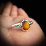 (R) Solid 925 Sterling Silver & Natural Tiger Eye Oval Solitaire Ring