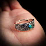 (T) Solid 925 Sterling Silver & Natural Turquoise Patterned Band Ring