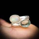 Adjustable Handmade Solid 925 Sterling Silver, Natural Aquamarine & Moonstone Double Stone Ring