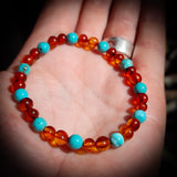 Polished Cognac Amber & Turquoise Stone Elastic Bracelet