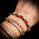 Polished Cognac Amber & Turquoise Stone Elastic Bracelet