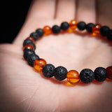Polished Cognac Amber & Lava Stone Elastic Bracelet