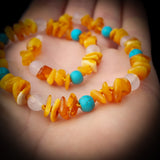 Amber Teething Necklace - Butter Chip, Turquoise, White Quartz