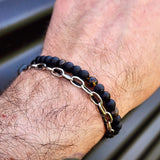 Adults Bracelet - Polished Green Amber & Matte Obsidian