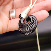 Black Stained Hand Carved Maori Bone Carving Pendant Necklace - Hook Carving