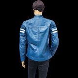Blue Beetle - Mens REAL Genuine Leather Jacket - Blue & White Stripe