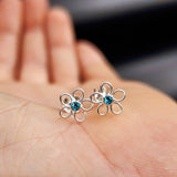 7mm Light Blue CZ & Solid 925 Sterling Silver Flower Stud Earrings