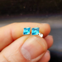 6mm Blue CZ & Solid 925 Sterling Silver Faceted Square Stud Earrings
