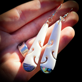 Natural Carved Maori Bone Carving & Paua Earrings - Oval Paua Drops