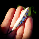 Natural Carved Maori Bone Carving Pendant Necklace - Feather With Paua Inlay