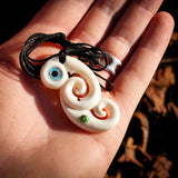 Manaia Double Koru Bone Carving & Greenstone Pendant Necklace - NZ Maori Inspired