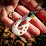 Hook Bone Carving & Greenstone Pendant Necklace - NZ Maori Inspired