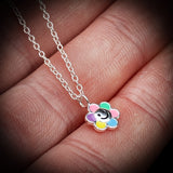 Childrens 925 Solid Sterling Silver Colorful Smiley Flower Necklace