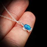 Childrens 925 Solid Sterling Silver & Created Opal Turtle Necklace