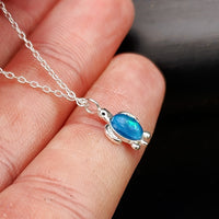 Childrens 925 Solid Sterling Silver & Created Opal Turtle Necklace