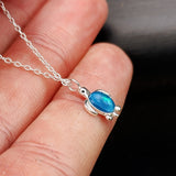 Childrens 925 Solid Sterling Silver & Created Opal Turtle Necklace