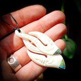 Natural Carved Maori Bone Carving Pendant Necklace - Double Hook With Paua Inlay