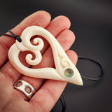 Double Koru Heart Bone Carving Pendant Necklace