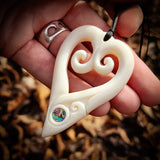 Double Koru Heart Bone Carving Pendant Necklace - NZ Maori Inspired