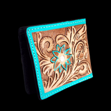 Genuine Leather Hand Tooled Wallet - Brown Turquoise