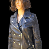 50% OFF SALE. Womens REAL Genuine Leather Jacket - Black Ribbed & Domed Side Zip