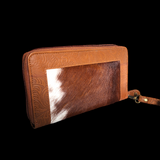 Genuine Leather & Cow Hair Hand Tooled Clutch Purse - Brown