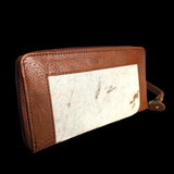Genuine Leather & Cow Hair Hand Tooled Clutch Purse - Brown