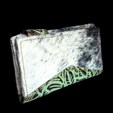 Genuine Leather & Cow Hair Purse - Green / Brown Hand Tooled