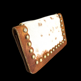 Genuine Leather & Cow Hair Rustic Studded Purse - Brown