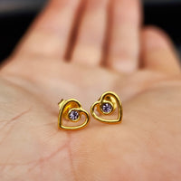 Solid 925 Sterling Silver Gold Lavender CZ Heart Stud Earrings