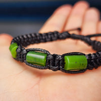 Natural Nephrite Greenstone Cylinder Macrame Bracelet (BLACK)
