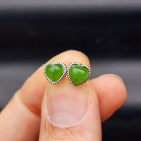 Nephrite Greenstone & Solid 925 Sterling Silver Heart Stud Earrings