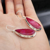925 Sterling Silver & Natural Ruby Drop Handmade Hook Earrings