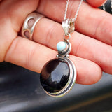 Solid 925 Sterling Silver & Natural Onyx & Larimar Handmade Double Stone Necklace