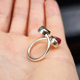 (Adjustable) Rustic 925 Sterling Silver, Natural Raw Ruby & Lolite Double Stone Ring
