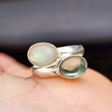 Handmade Solid 925 Sterling Silver, Natural Aquamarine & Moonstone Double Stone Ring