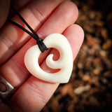 Koru Heart Bone Carving Pendant Necklace - NZ Maori Inspired