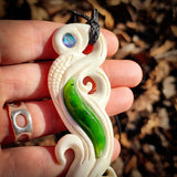 Manaia Koru Bone Carving & Greenstone Pendant Necklace - NZ Maori Inspired