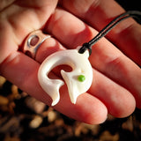 Dolphin Bone Carving & Greenstone Pendant Necklace - NZ Maori Inspired