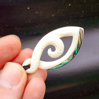 Natural Hand Carved Maori Bone Carving Pendant Necklace - Etched Koru Paua Pendant