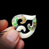 Natural Carved Maori Bone Carving Pendant Necklace - Triple Koru With Paua